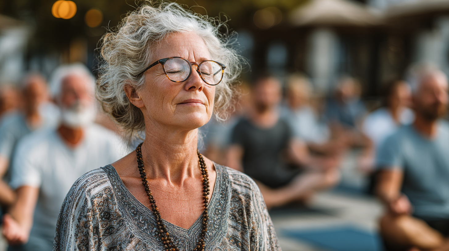 Група възрастни хора практикуващи йога в парк